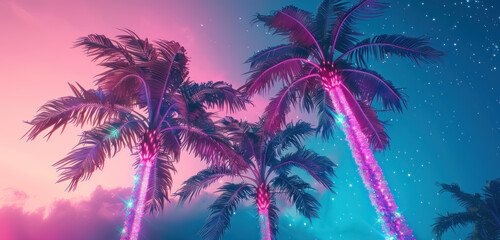 Fototapeta na wymiar holographic neon palm trees in a tropical twilight