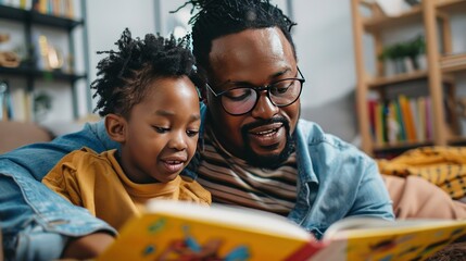 Dad and his children reading a children book - obrazy, fototapety, plakaty