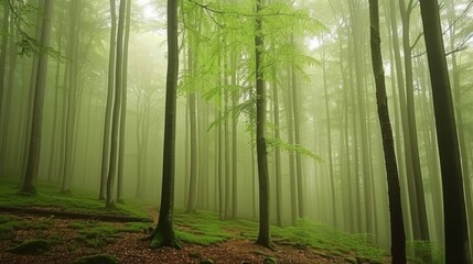  A forest shrouded in mist, teeming with tall trees, and verdant moss carpeting the tree trunks and ground - obrazy, fototapety, plakaty