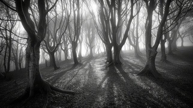  A monochrome image of a wooded trail in misty conditions, surrounded by trees