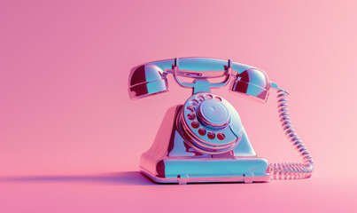 classic telephone with a holographic shine on a minimalist pink setup