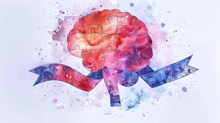 concept of Parkinson's disease day , 11 april, Alzheimer awareness day, dementia diagnosis, memory loss disorder,, human brain with ribbon and puzzle symbols watercolor logo on white background  - obrazy, fototapety, plakaty