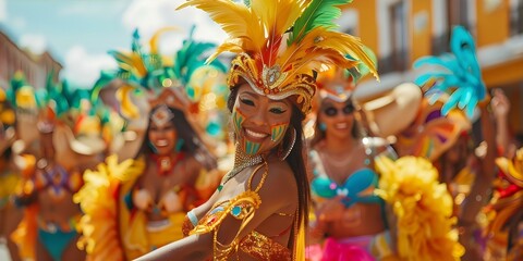 Barranquilla Carnival in Colombia: A Festive Display of Colorful Costumes, Music, Dances, and Cultural Celebration. Concept Festive Costumes, Vibrant Music, Traditional Dances, Colombian Culture - obrazy, fototapety, plakaty