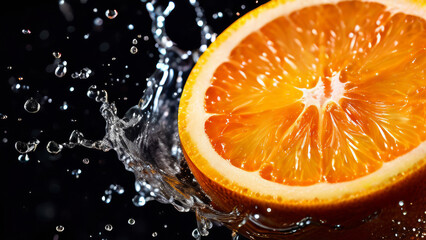 Splashes of juice from half a sliced orange, close-up