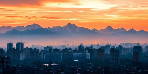 Fototapeta premium Snowcapped mountains in the distance orange sky at sunrise Miss Universe building in Barranquilla Colombia. Concept Travel Photography, Nature Landscapes, Cityscape, Sunrise, Architectural Beauty