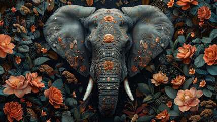 Obraz premium Elegant Elephant: Intricate, dark design amidst lush florals.generative ai