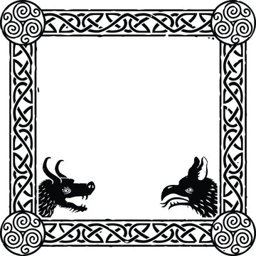 Square Celtic Border Frame - Triskele Spirals, Dragon Head