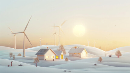 An ESG-themed image featuring a winter white landscape. The scene includes a bright sun, houses, and wind turbines, emphasizing sustainability and green energy in a snowy setting