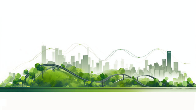 A green cityscape illustration featuring elements symbolizing progress and vision. The image includes a path forward, growth and innovation in a sustainable urban environment