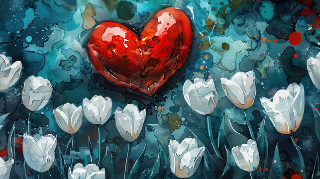 concept of Parkinson's disease day , 11 april, Alzheimer awareness day, dementia diagnosis, memory loss disorder, heart shape and tulip flowers watercolor art in red and white color, cards, banner