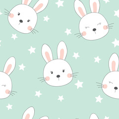 Cute bunny seamless pattern. Baby vector illustration on blue background. It can be used for wallpapers, wrapping, cards, patterns for clothing and others. - obrazy, fototapety, plakaty
