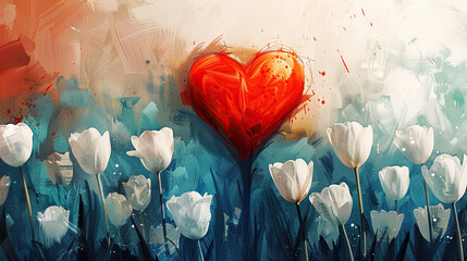 concept of Parkinson's disease day , 11 april, Alzheimer awareness day, dementia diagnosis, memory loss disorder, heart shape and tulip flowers watercolor art in red and white color, cards, banner