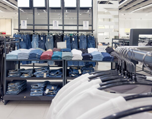 Store hanger with female clothes.  clothes rack