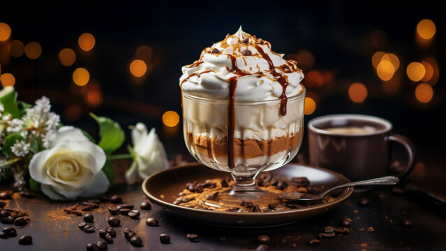 Tasty frappuccino caramel with whipped cream, Coffee dessert with whipped cream