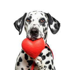 dalmatian dog holding a heart on transparent or white background