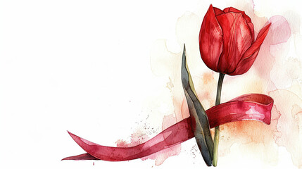 World Parkinson's disease day card with red tulip flower, ribbon,on white background, concept of Parkinson's disease day , 11 april, Alzheimer awareness day, dementia diagnosis, memory loss disorder,