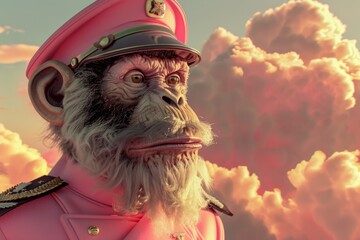 In a close-up, a random bearded monkey with a mustache dons a pink stewardess uniform, surrounded by clouds in a pastel 3D render It's as whimsical as it sounds!