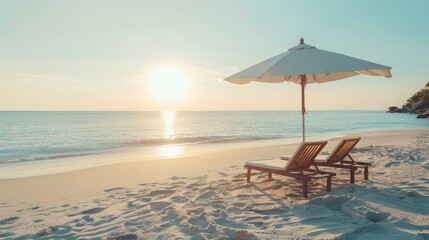 Two Sun Loungers Sheltered by an Umbrella, Gazing upon the Peaceful Seascape on White Sand during sun set