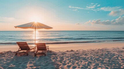 Two Sun Loungers Sheltered by an Umbrella, Gazing upon the Peaceful Seascape on White Sand during sun set