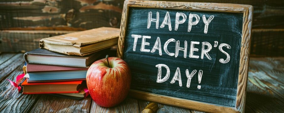A wooden background with an apple and several books next to a chalkboard that reads for HAPPY TEACHERS DAY