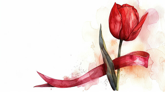 World Parkinson's disease day card with red tulip flower, ribbon,on white background, concept of Parkinson's disease day , 11 april, Alzheimer awareness day, dementia diagnosis, memory loss disorder, 