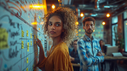 Obraz premium social media and influencer marketing concept - people discussing strategy plan on whiteboard in office,generative ai