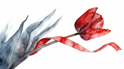 World Parkinson's disease day card with red tulip flower on white background, concept of Parkinson's disease day , 11 april, Alzheimer awareness day, dementia diagnosis, memory loss disorder,  - obrazy, fototapety, plakaty