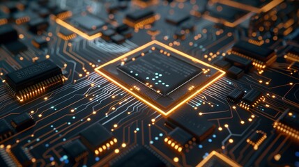 Glowing Computer Chip and Futuristic CPU Motherboard, Abstract Technological Background