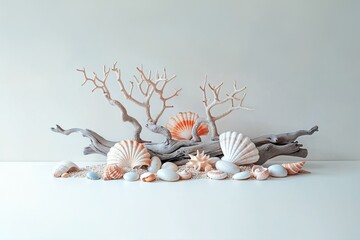 Photo of a coral reef-themed mini installation with seashells and driftwood on a white background, soft lighting, minimalistic composition, neutral color palette. - 771747793