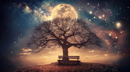  A solitary bench beneath a tree, amidst a vast field, bathed in starlight and the soft glow of a full moon
