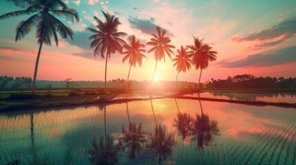 Vintage twilight moment, coconut trees and an asian village field - obrazy, fototapety, plakaty
