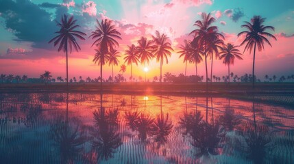 Fototapeta na wymiar Vintage twilight moment, coconut trees and an asian village field