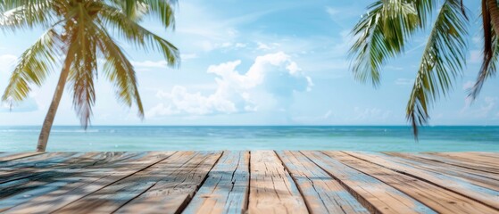 Wooden Deck with Tranquil Blue Sea, Sky Background, and Palm Tree Silhouette