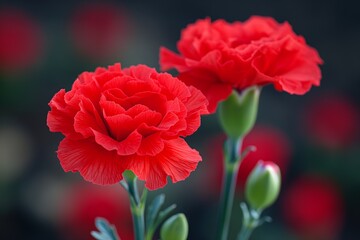 Close up view of two red carnation flowers against blurred background. Funeral concept