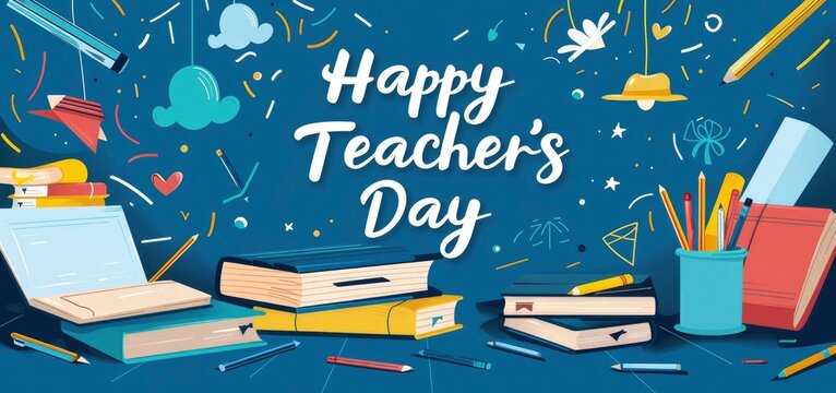 a blue background with the words Happy Teachers Day and images of books, pencils, and school supplies.