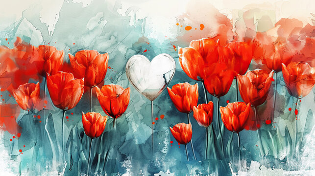 concept of Parkinson's disease day , 11 april, Alzheimer awareness day, dementia diagnosis, memory loss disorder, heart shape and tulip flowers watercolor art in red and white color, cards, banner