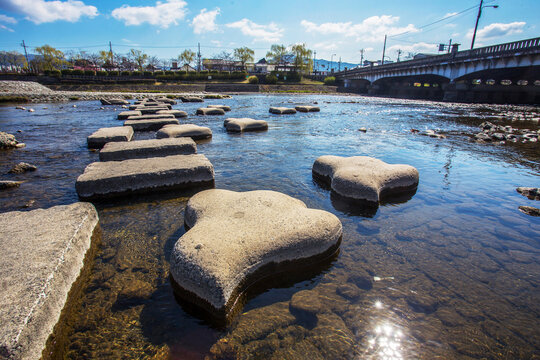 Stepping stones through Kamo river and decorative elements (turtles)