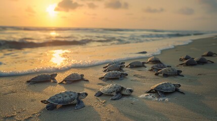 Baby Turtles Journeying to Sea at Sunrise on Sandy Beach