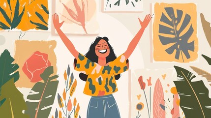 artist web design banner. Smiling woman with her arms raised