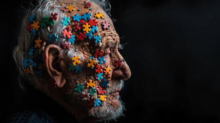 concept of Parkinson's disease day , 11 april, Alzheimer awareness day, dementia diagnosis, memory loss disorder, an old man with colorful puzzle pieces on his face and black background