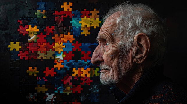 concept of Parkinson's disease day , 11 april, Alzheimer awareness day, dementia diagnosis, memory loss disorder, an old man with colorful puzzle pieces and black background 