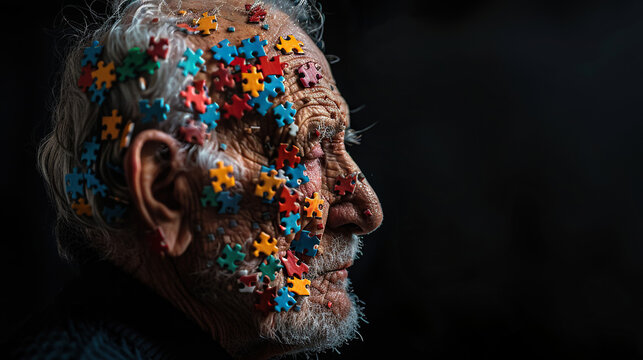 concept of Parkinson's disease day , 11 april, Alzheimer awareness day, dementia diagnosis, memory loss disorder, an old man with colorful puzzle pieces on his face and black background 