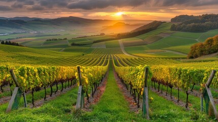 Fototapeta na wymiar A picturesque image of a vineyard with the sunset behind undulating hills in the background