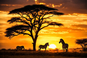 Zebra family in the African savanna at evening sunset