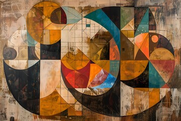 : A captivating, abstract painting that combines geometric shapes and organic forms