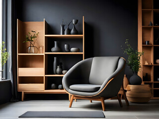Grey barrel chair against of window and wooden shelving unit and cabinet on dark wall. Scandinavian style interior design of modern living room. Created with generative AI