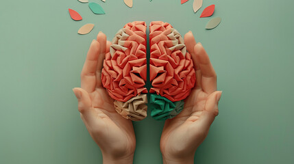 3d colorful brain illustration in human hands, Alzheimer awareness day, dementia diagnosis, Parkinson's disease, memory loss disorder concept  - obrazy, fototapety, plakaty