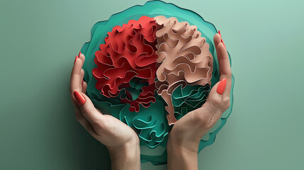concept of Parkinson's disease day , 11 april, Alzheimer awareness day, dementia diagnosis, memory loss disorder, colorful papercut 3d brain art in girls hands  - obrazy, fototapety, plakaty