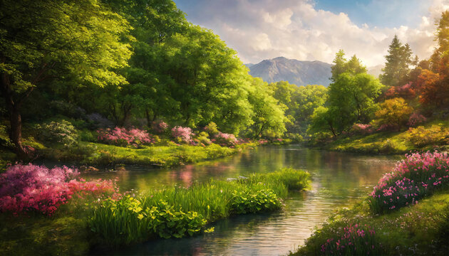 Beautiful colorful spring landscape with river and a green highlans valley