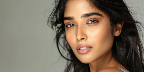 professional protrait shot of a young high class indian model posing, beautiful, pretty, close up shot, beauty shot, minimal makeup, natural beauty, healthy glowing skin, professional and sleak hair